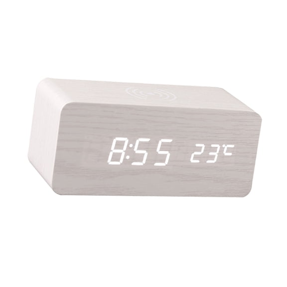 YAHHU Digital Wooden Alarm Clock Electronic LED Time Display for Bedroom 10W Wireless Charging Station 3 Alarms Date Temp Display, White (6.61 inches / 16.8 cm)