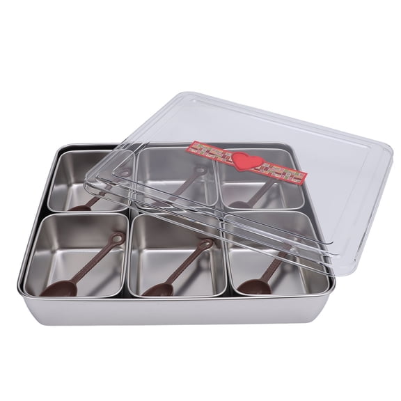YAHHU Divided Serving Tray with 6 Spoons, Large Capacity Condiments Box for Fruit & Snacks, Stainless Steel Food Display Container Organizers for Kitchen Parties (13.4 x 11.4 inches)