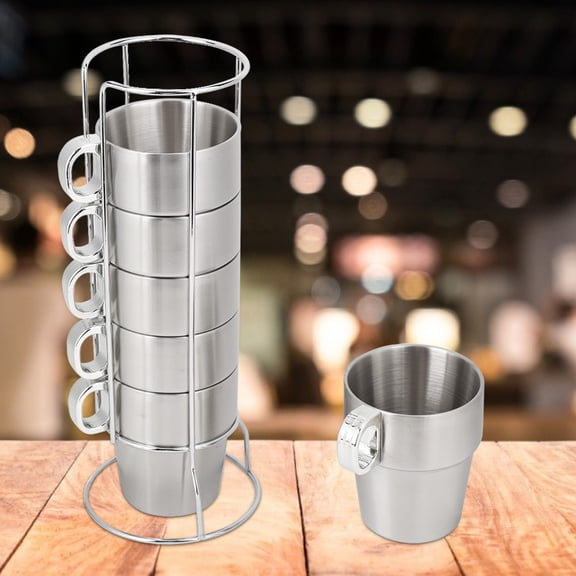 YAHHU Double Layer Anti Scald Stainless Steel Stackable Water Coffee Cup Set with Cup Holder Stand, 6 Pieces Stackable Insulated Beverage Mugs for Home and Kitchen (3.3 x 3.7 inches / 8.3 x 9.5 cm)
