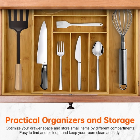 YAHHU Expandable Kitchen Drawer Organizer for Utensils Cutlery Flatware Bamboo Silverware Drawer Organizer Tray Multifunctional
