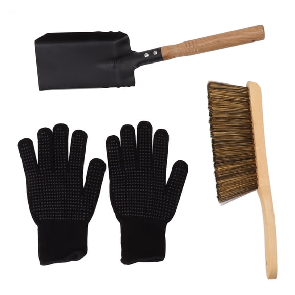 YAHHU Fireplace Ash Shovel and Brush Set Coal Hearth Clean Tools with Black Silicone Gloves (14.96 inches / 38 cm) for Home Indoor Outdoor Use
