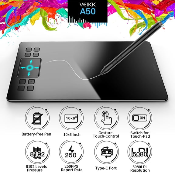 YAHHU Graphics Drawing Tablet 10x6in / 25.4x15.2cm Active Area 8192 Levels Pressure Battery-Free Stylus 8 Express Keys Digital Art Pad for PC Mac Android Painting Design Online Teaching