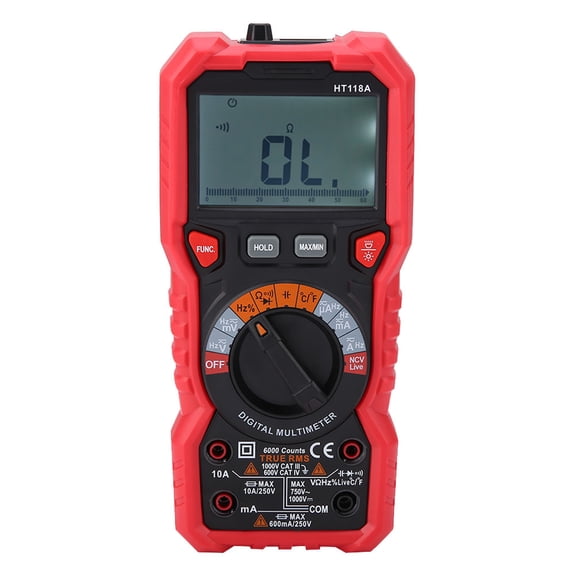 YAHHU HT118A Handheld Digital Multimeter AC/DC Volt Amp Ohm Capacitance Hz Temp Tester with Flashlight LCD Display 8.27 inches / 21.00 cm Length Red and Black Color Measurement Tool[cite: 1]