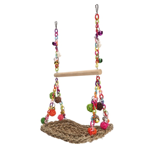 YAHHU HandWoven Seagrass Swing with Rattan Balls, DoubleLayer Parrot Hammock, Wood Perch, Colorful Chain & Bells