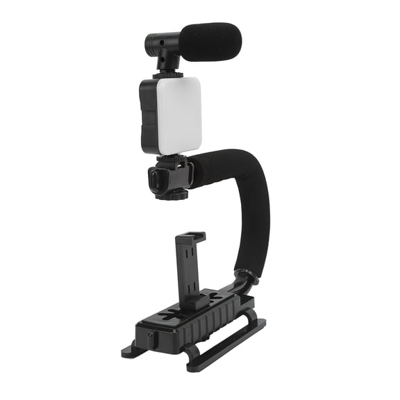 YAHHU Handheld U Grip Phone Camera Stabilizer Video Recording Rig Kit with Microphone, LED Fill Light, Bluetooth Remote, Dual Cold Shoe Mounts for DSLR and Smartphones, Black