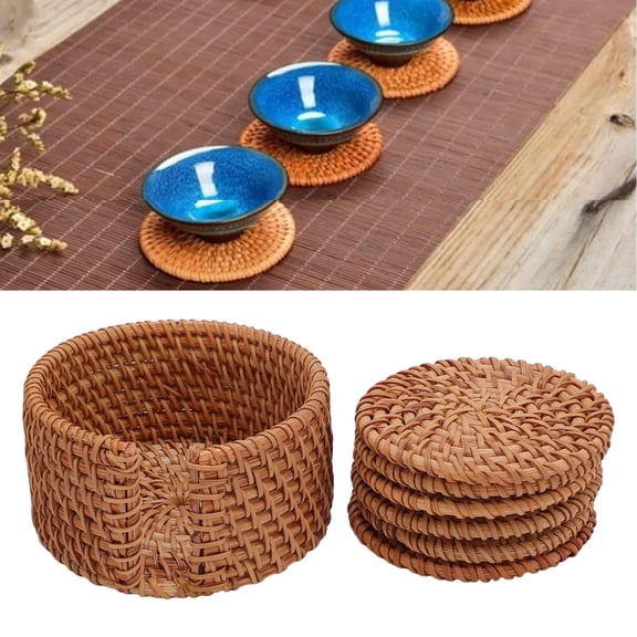 YAHHU Handwoven Rattan Coaster Set of 6 with Holder  8cm Heat-Resistant Table Mat for Cups, Plates & Bowls