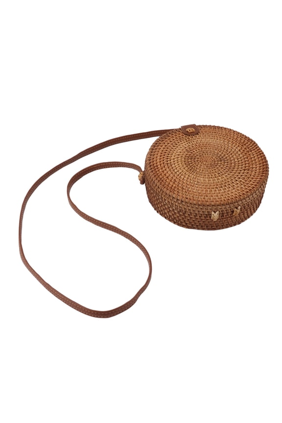 Handwoven Rattan Shoulder Bag 20cm EcoFriendly Round Beach Purse with Leather Strap & Lining