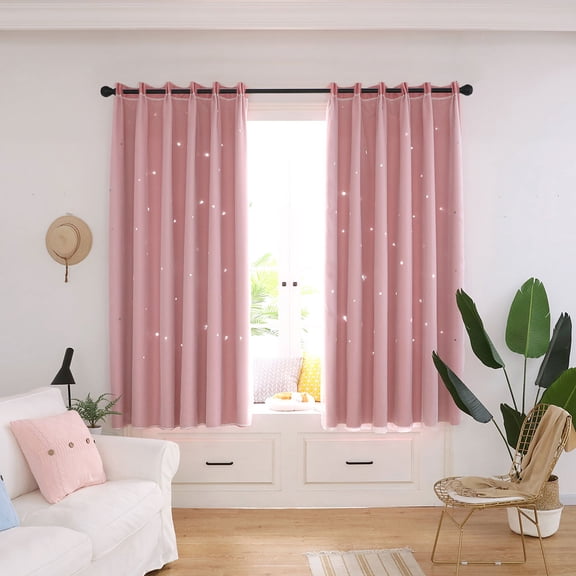 YAHHU Hollow Out Star Style Window Voile Tulle Curtain Sheer Panels, Double Layer High Shading Drapes for Bedroom and Living Room Decor, 39.4 x 78.7 inches (100 x 200 cm) - Pink