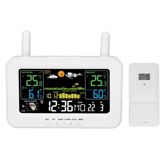 YAHHU Indoor Outdoor Weather Wireless Station Thermometer with Color Display Digital Temperature Humidity Sensor, Weather Forecast Station for Home, EU Plug White (8.27 in / 21.0 cm)