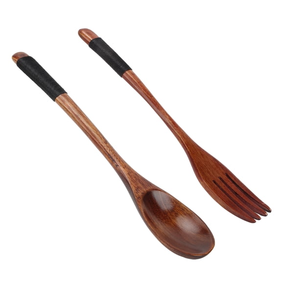 YAHHU Japanese Spoon Fork Set Beech Wood Utensils with Rope Winding Handle Increase Hand Friction for Home Table Decoration Gift Giving, 6 Pieces (3 Spoons 3 Forks), 8.9 inches / 22.5 cm