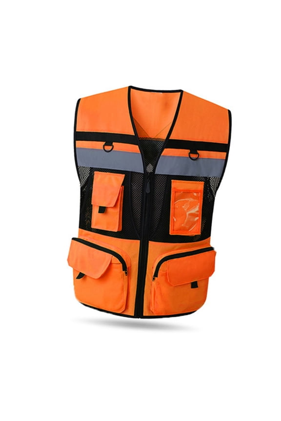K20467 Fluorescent Red Zipper Fastener Mesh Breathable Reflective Safety Vest M Size, High Visibility Workwear for Construction & Traffic Security, Skin-Friendly Multi-Pocket Waistcoat, 1 Pack
