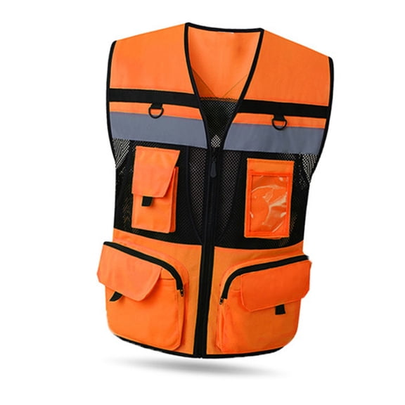 YAHHU K20467 Fluorescent Red Zipper Fastener Mesh Breathable Reflective Safety Vest M Size, High Visibility Workwear for Construction & Traffic Security, Skin-Friendly Multi-Pocket Waistcoat, 1 Pack