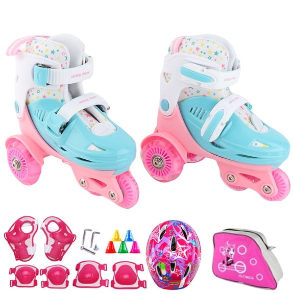 YAHHU Kids Beginner Inline Skates Adjustable Roller Skates Set with Helmet Pads Backpack, Pink Small