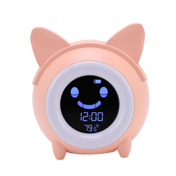 YAHHU Kids Cartoon Cat Mini Alarm Clock Digital Electronic Snooze Clock with Night Light, Temperature Display, 5 Light Colors, Ice Pink (5.91 inches / 15 cm)