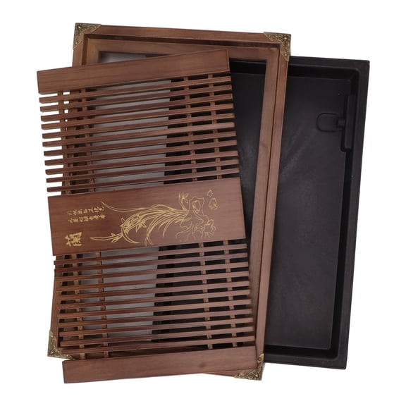 YAHHU Kungfu Tea Tray Chinese Gongfu Drainage Water Storage Wood Tea Table with Drain Pipe Light Black Orchid Serving Trays Home Decor 16.9 x 11 inches / 43 x 28 cm