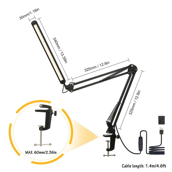 YAHHU LED Desk Lamp with Clamp Flexible Swing Arm 3 Color Modes 10 Brightness Levels Dimmable Eye-Caring Reading Light for Home Office Study 12W Black 13.39 inches / 34 cm