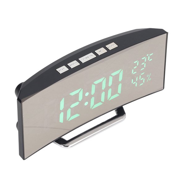 YAHHU LED Digital Clock 3 Level Brightness Snooze USB Battery Powered Electronic Mirror Alarm Clock with Temp Humidity Display, 6.69 inches / 17 cm, Green Light