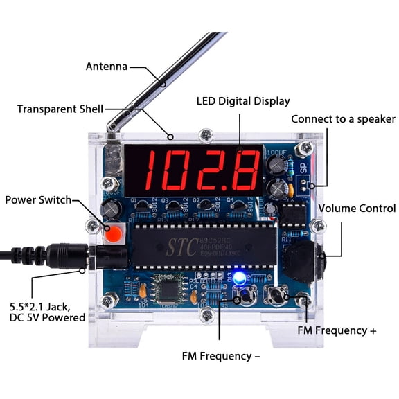 YAHHU LED Digital FM Radio DIY Kit, SCM Radio Module Electronics Soldering Project Practice Kit with 5W Speaker and Transparent Shell (5.1 x 3.9 x 2.8 inches / 13.0 x 10.0 x 7.0 cm)