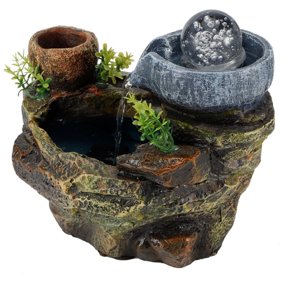 YAHHU LED Rockery Resin Water Fountain DIY Micro Landscape Potted Succulents Home Decor Tabletop Waterfall Feature with Rotating Crystal Ball for Office