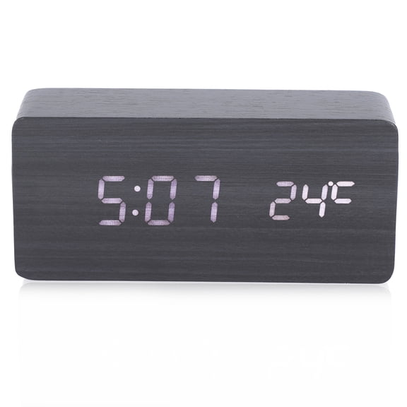 YAHHU LED Voice Control Digital Alarm Clock, Modern Black Wooden Desk Clock with White Light, Time Date Temperature Display, Battery/USB Powered Compact Timepiece for Bedroom Office (15.1cm/5.9in)
