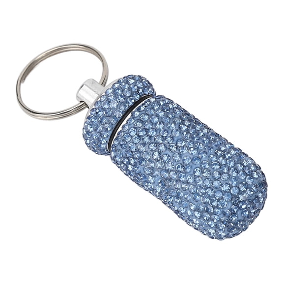 YAHHU Light Blue Rhinestone Medicine Bottle Container Aluminum Alloy Portable Pill Organizer Storage Case Box with Keyring Waterproof Sealed Capsule Holder for Travel Daily Living Aids