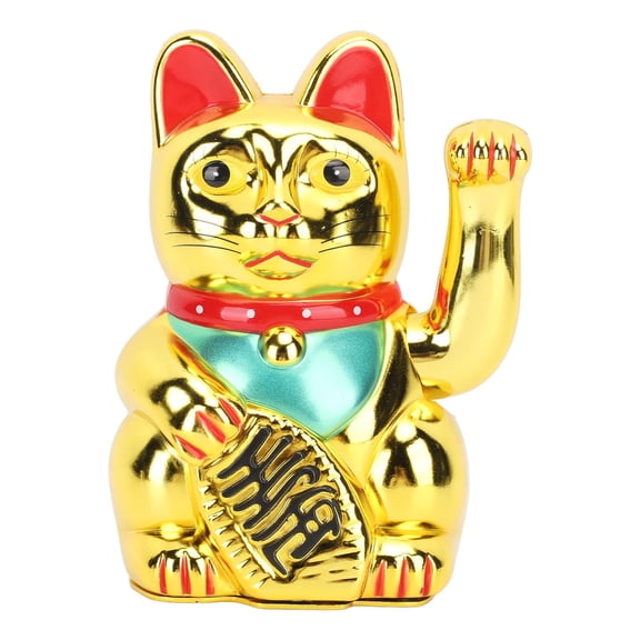 YAHHU Lucky Fortune Cat with Waving Arm 7 Inch Plastic Battery Operated Wealth Welcoming Lucky Cat Ornament for Home Hotel Office Housewarming Gift Gold Decor Feng Shui Cat Figurine