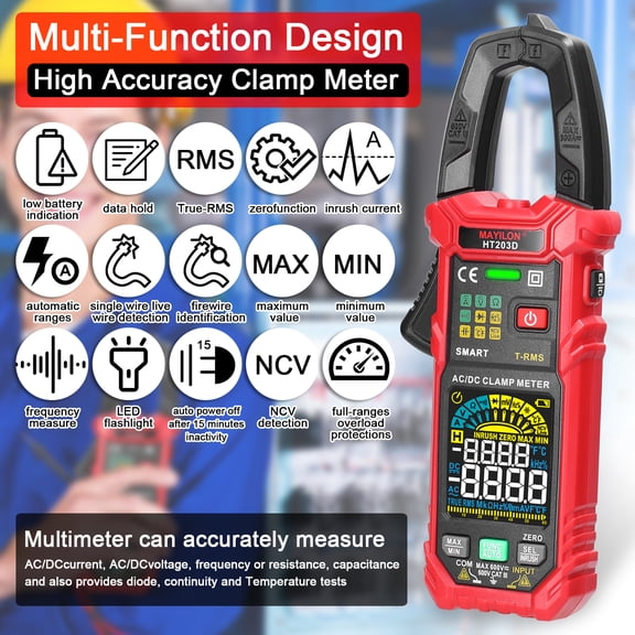 YAHHU MAYILON HT203D Digital Clamp Multimeter 600V Multifunction Voltmeter Tester 60A Amp Volt Meter True RMS 6000 Counts Resistance Capacitance Continuity