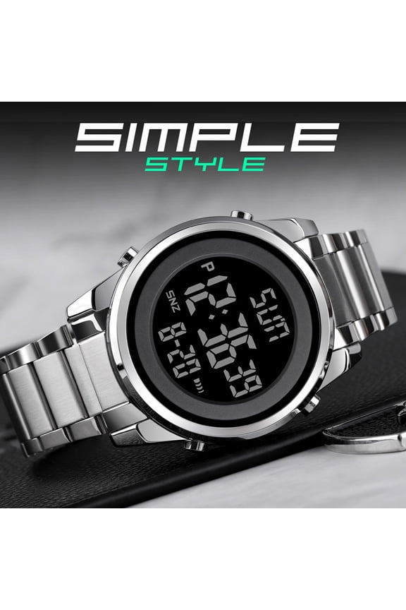 Men's Digital Business Watch, Dual Time Mode, Chronograph, Alarm Clock, Backlight, 3ATM Water Resistant, Stainless Steel Band, Silver - Perfect Gift for Men, 8.7 inches / 220 mm Wristband