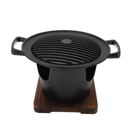 YAHHU Mini BBQ Grill Set Anti-Stick Tabletop Hibachi Charcoal Grill Die-Cast Aluminum Pan with Wood Mat for Outdoor Camping Picnics Perfect for 1-2 People 6.9 inches / 17.5 cm