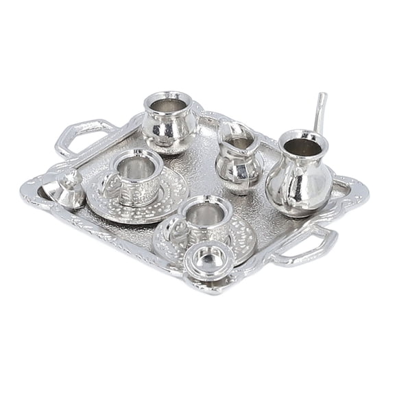 YAHHU Miniature Tea Set Lifelike Alloy Dollhouse Tea Set Interactive Miniature Teapot Cup Plate Educational Dollhouse Kitchen Accessories Silver 10 Pcs