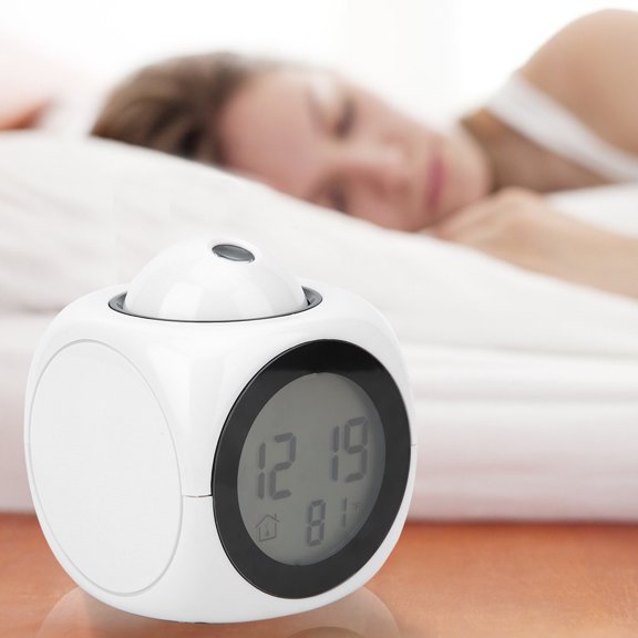 YAHHU Modern Fashionable Projection Alarm Clock, Digital LCD Voice Talking Clock in White, Battery or USB Powered, Perfect for Bedroom Nightstand or Desk, Dual Units Display (3.1 inches / 8 cm)