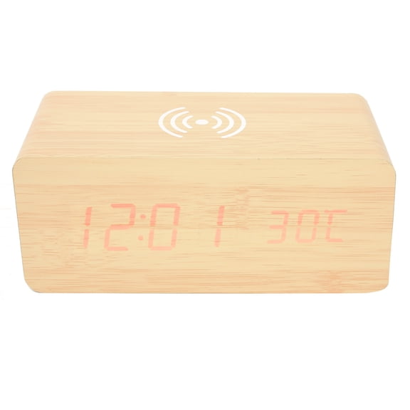 YAHHU Multifunctional Bamboo Wooden LED Alarm Clock with Mobile Phone Wireless Charging Voice Control Red Light 8.27 inches / 21 cm