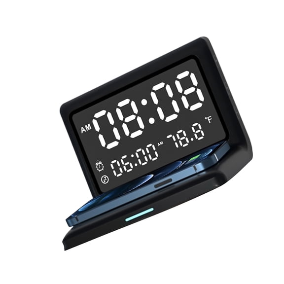 YAHHU Multifunctional Digital Mirror Clock 15W Wireless Charging Alarm Clock Large Dimmable Display Snooze USB Output Bedroom Office, Black, 5.9 inches / 15 cm