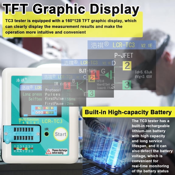 YAHHU Multifunctional Transistor Tester Zener Diode Tester with 160x128 TFT Display, Auto Calibration, NPN PNP Bipolar Resistor Inductor Capacitor Thyristor Tester, Battery Included (6.69 in / 17 cm)