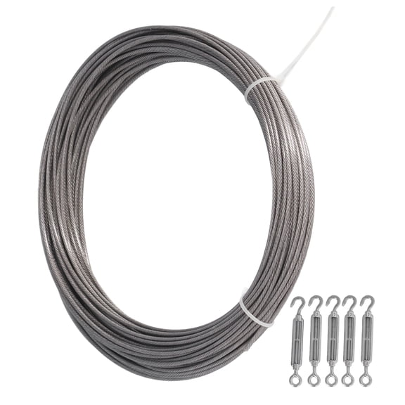 YAHHU Outdoor Hanging Hook Cable Kit 304 Stainless Steel Rope Bushing Set for String Light Guardrail, 98.4ft/30m Wire, Tent & Curtain Tensioner Assortment Heavy Duty Suspension Hardware Accessories
