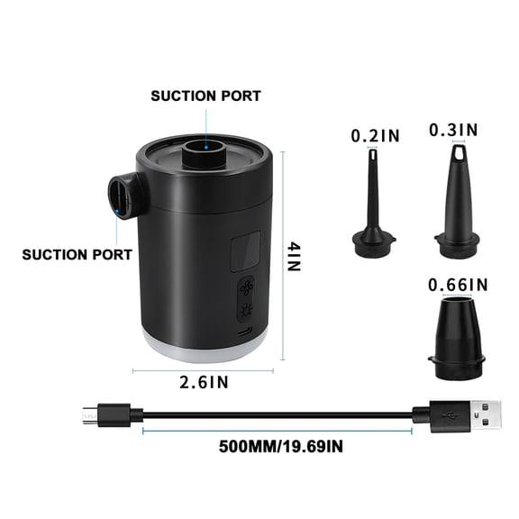 YAHHU Portable Air Pump Cordless Electric Air Compressor, 3 Nozzles & 3-Mode LED Light, Built-in Battery for Inflatables Pool Airbed (Black)