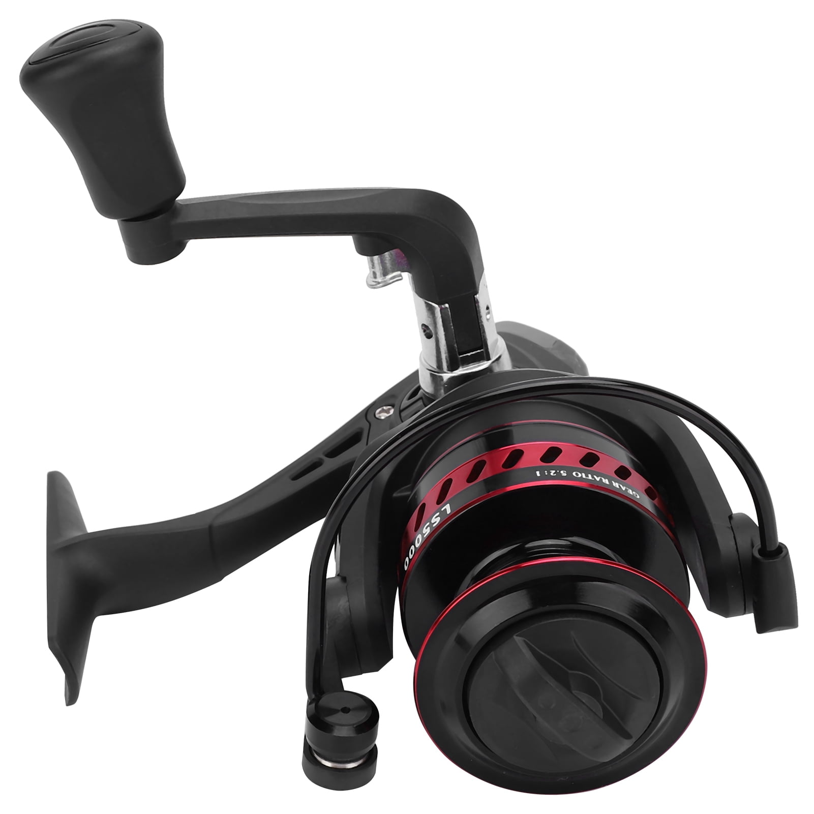 YAHHU Portable Metal Sea Rod Spinning Fishing Line Reel Rocking Raft Accessory LS5000 Red Black with 5.2:1 Gear Ratio for Saltwater Freshwater Fishing Ambidextrous Retrieve (5.12 inches / 13 cm)
