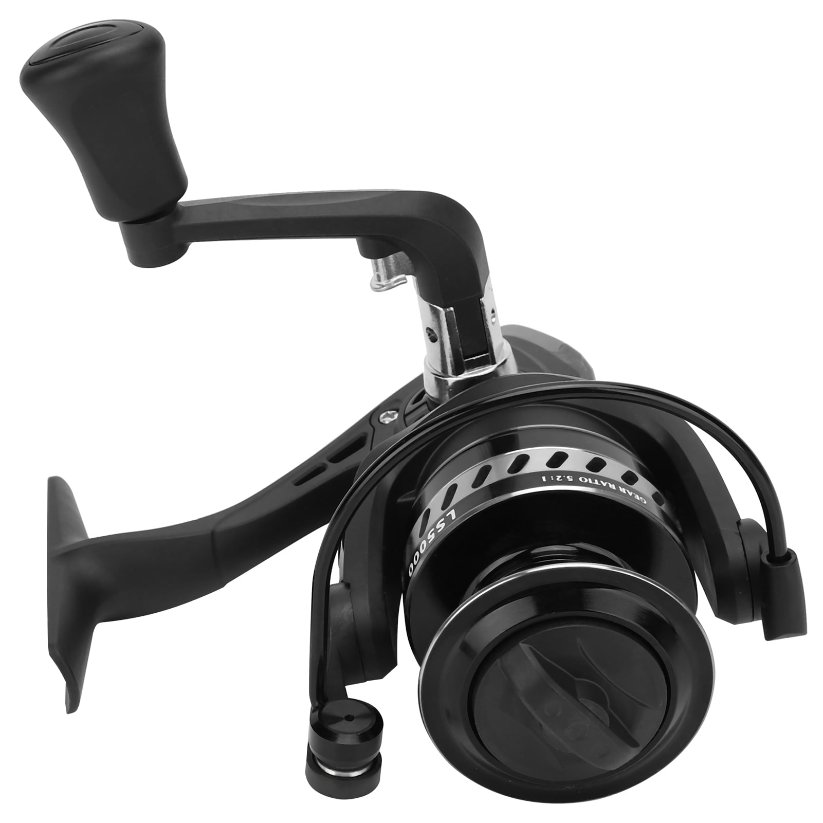 YAHHU Portable Metal Sea Rod Spinning Fishing Line Reel Rocking Raft Accessory LS5000 Silver Black with 5.2:1 Gear Ratio for Saltwater Freshwater Fishing Ambidextrous Retrieve (5.12 inches / 13 cm)