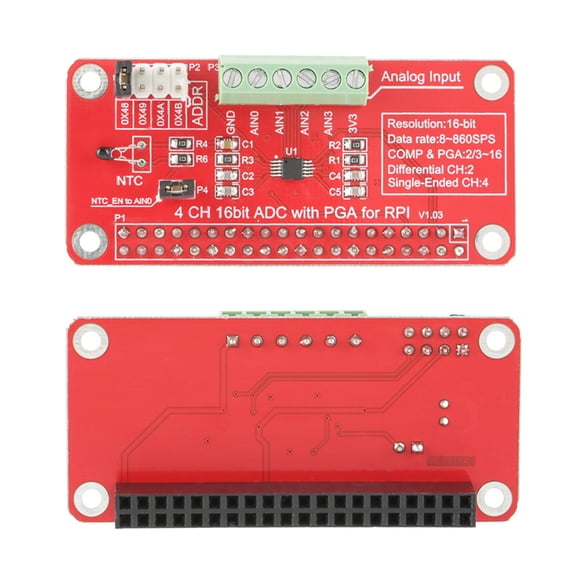 YAHHU Precision 16-Bit ADC Analog to Digital Converter Module I2C Interface Expansion Board for Raspberry Pi 3/2/B+ Electronic Projects and Sensor Reading (2.5x1.1 in / 6.5x3 cm)