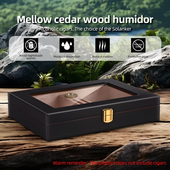 YAHHU Premium Cedar Wood Cigar Humidor Box Glass Top Desktop Storage Case with Humidifier Hygrometer Divider Holds 10 to 18 Cigars Portable Black Edition