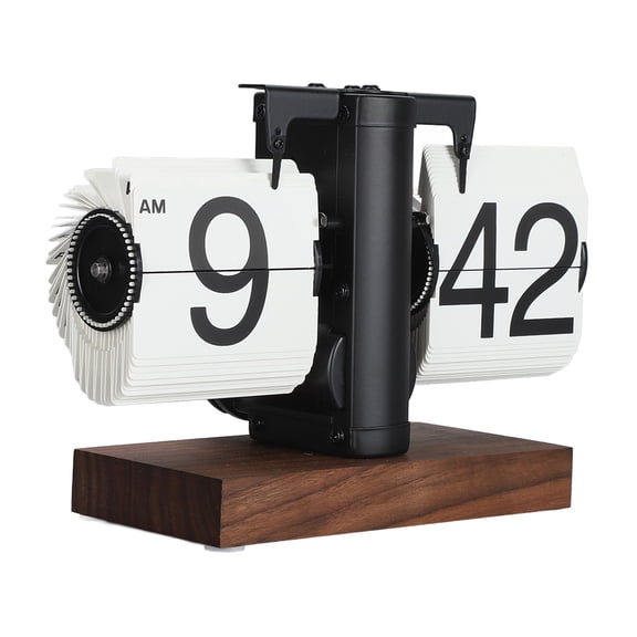 YAHHU Premium Digital Flip Clock, Retro Auto Mechanical Desk Clock with 12H Display, 304 Stainless Steel & Wood Base for Home Decor, Black Frame White Page