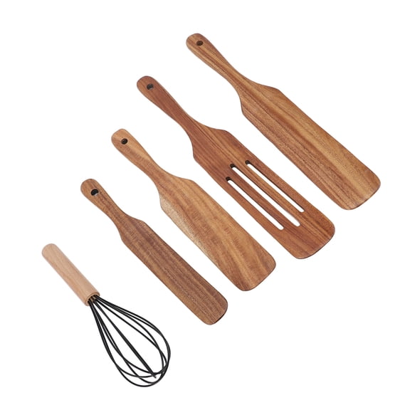 YAHHU Premium Wooden Utensil Set 5-Piece Kitchen Cooking Spatula Spoon Whisk Collection Comfort Grip Easy To Clean Composite Wood Tableware Gadgets Accessories For Non-Stick Cookware Beige