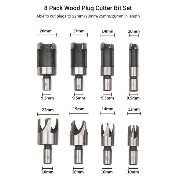 YAHHU Professional 8Pcs Woodworking Chamfer Drilling Tool Carbon Steel Wood Plug Cutter Drill Bit Set with 3/8 inches / 10mm Round Shank for Precise Recessed Screw Holes Wood Drilling