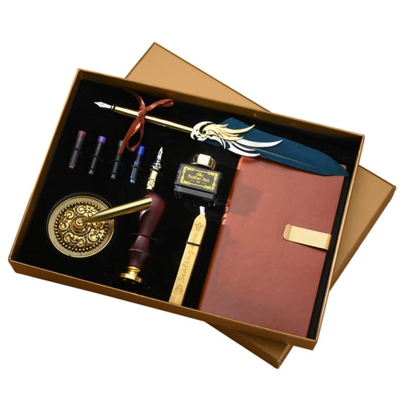 YAHHU Quill Pen and Ink Set Retro Feather Dip Pen Calligraphy Writing Signature Kit with PU Leather Notebook 2 Nibs Wax Seal Gift Box for Students Friends (11.42 inches / 29 cm) Navy Blue
