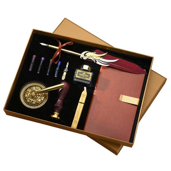 YAHHU Quill Pen and Ink Set Retro Feather Dip Pen Calligraphy Writing Signature Kit with PU Leather Notebook 2 Nibs Wax Seal Gift Box for Students Friends (11.42 inches / 29 cm) Wine Red