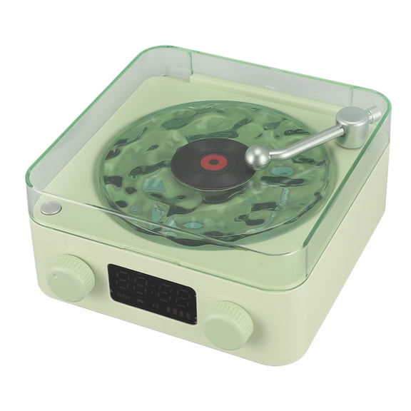 YAHHU Record Player Style Bluetooth Speaker with Night Light and Time Display, 3 in 1 Multifunction Small Stereo Wireless Portable Audio for Home Office Decor, Green, 6.3 inches / 16 cm