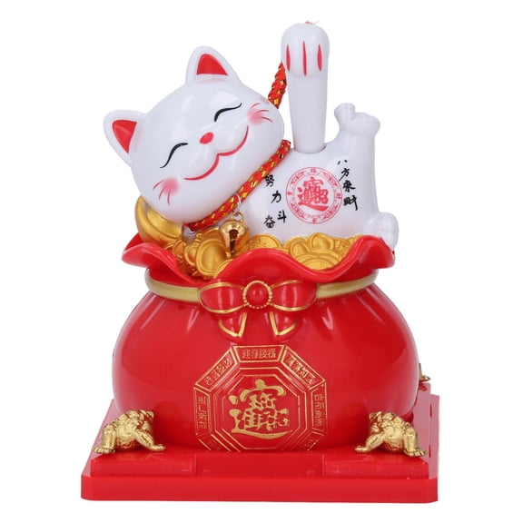 YAHHU Red Lucky Cat Statue Solar Light Sensing Automatic Waving Arm Fortune Bag Cat Ornament for Home Car Decoration Opening Present