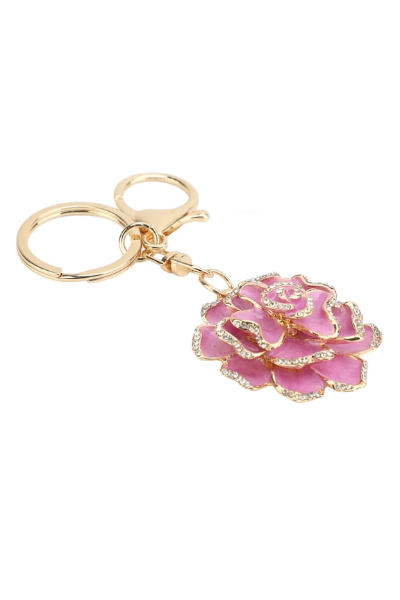 Rose Shaped Keychain Beautiful Flower Pendant Key Rings Cute Backpack Hanging Decoration for Birthdays Graduations Anniversaries Purple Elegant Crystal Rhinestone Accessory