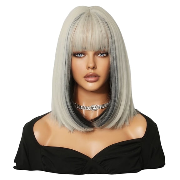 YAHHU Short Bob Straight Wig with Bangs Grey Highlights Heat Resistant Synthetic Hair 15.35 inches / 39.0 cm