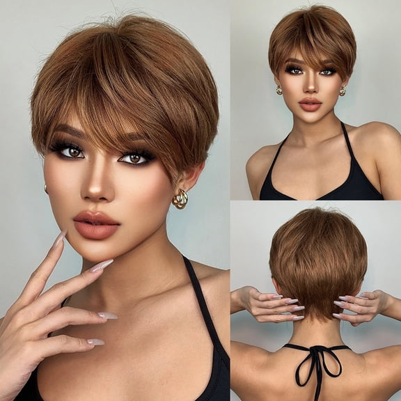 YAHHU Short Layered Pixie Cut Wigs for Women Natural Fluffy Synthetic Hair Wig with Bangs 11.02x6.30x1.96 inches / 28x16x5 cm Lightweight Breathable Full Wigs